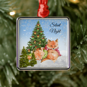 Ornement Carré Argenté Personnalisez Joli Renard de Noël Animal Férié