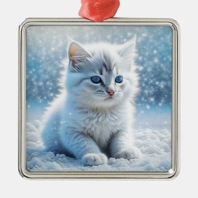 Ornement Carré Argenté Petit chaton blanc dans Noël de neige (Devant)