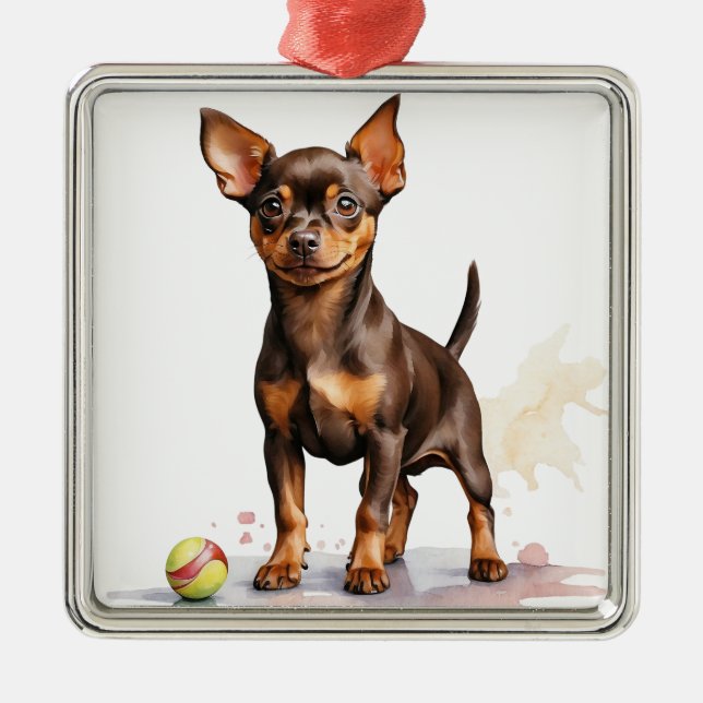 ORNEMENT CARRÉ ARGENTÉ PETIT CHIEN MINIATURE PINSCHER BROWN (Devant)