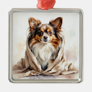 ORNEMENT CARRÉ ARGENTÉ PETIT CHIEN PAPILLON FLUFFY MIGNON ET ADORABLE