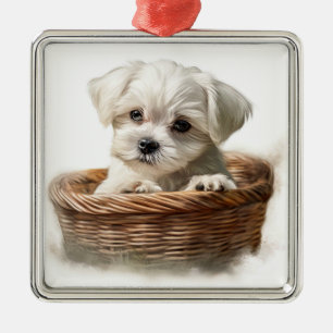 ORNEMENT CARRÉ ARGENTÉ PETIT CHIEN PETIT ET BLANC ADORABLE