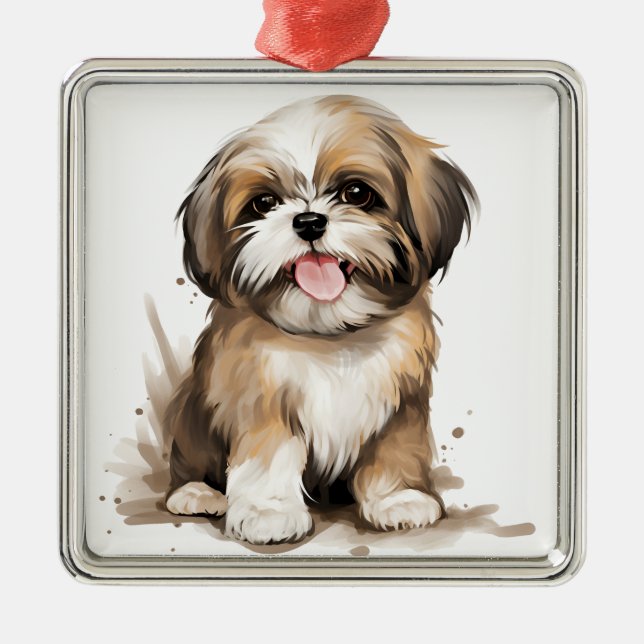ORNEMENT CARRÉ ARGENTÉ PETIT CHIEN SHIH TZU POPPY ADORABLE (Devant)