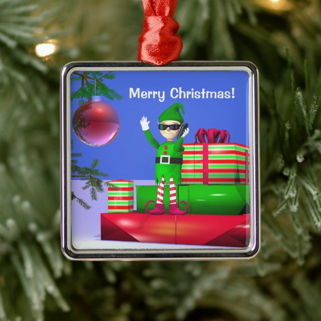 Ornement Carré Argenté Petit Elfe de Noël debout sur les cadeaux (Arbre)