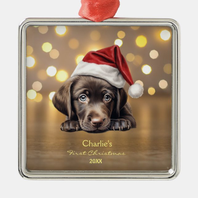 Ornement Carré Argenté Petit Labrador Retriever Chien Santa Hat Noël (Devant)