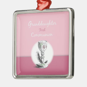 Ornement Carré Argenté Petite-fille Première Communion rose, Chalice