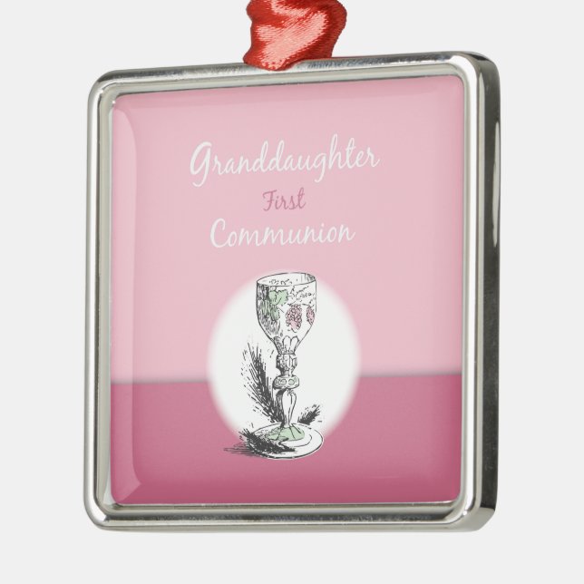 Ornement Carré Argenté Petite-fille Première Communion rose, Chalice (Gauche)
