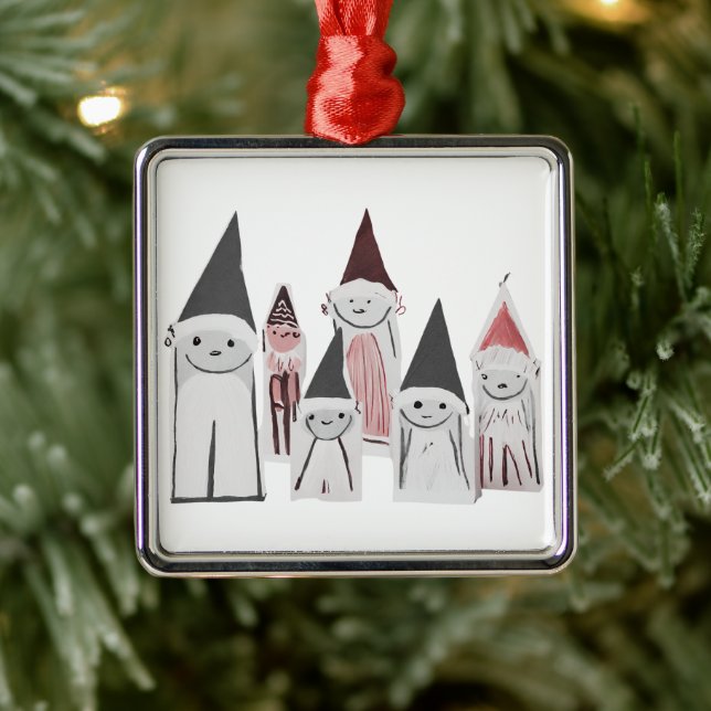 Ornement Carré Argenté Petits personnages de Noël à la main (Arbre)