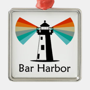 Ornement Carré Argenté Phare de Bar Harbor Maine Arc-en-ciel