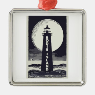 Ornement Carré Argenté Phare de Bodie Island North Carolina Moon