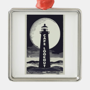 Ornement Carré Argenté Phare de Cape Lookout Lune de Caroline du Nord