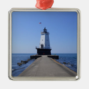 Ornement Carré Argenté Phare De North Pierhead, Ludington, MI Metal Ou