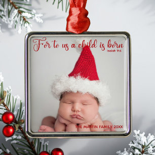 Ornement Carré Argenté Photo de bébé religieuse Bible Verse Noël mignon