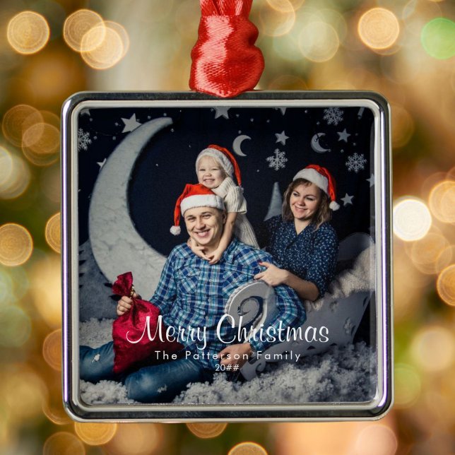 Ornement Carré Argenté Photo de famille et nom Joyeux Noël (Available in multiple types of ornaments. Customize with your picture, family name and date.)