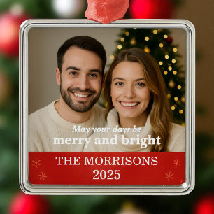 Ornement Carré Argenté Photo de famille Flèche de neige moderne rouge et 