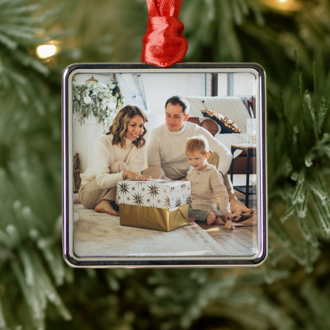 Ornement Carré Argenté Photo de Noël de votre famille (Arbre)