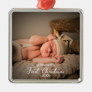 Ornement Carré Argenté Photo du premier Noël de bébé