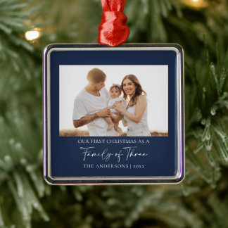 Ornement Carré Argenté Photo First Christmas Family of Three Navy Blue