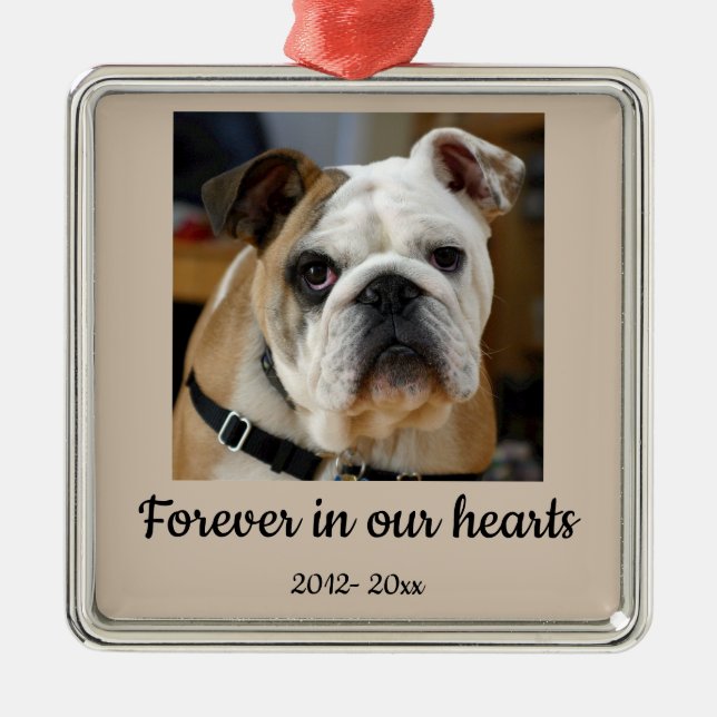 Ornement Carré Argenté Photo personnalisé daté  Cadeau de chien Bulldog E (Devant)