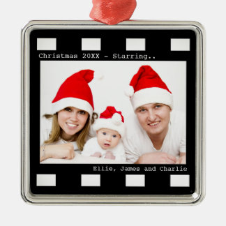 Ornement Carré Argenté Photo personnalisée Reel Noël