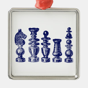 Ornement Carré Argenté Pièces de jeu d'échecs Art vintage bleu