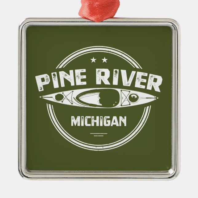 Ornement Carré Argenté Pine River Michigan Kayaking (Devant)