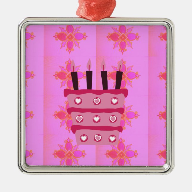 Ornement Carré Argenté Pink Bird Cake Art Imprimer (Devant)
