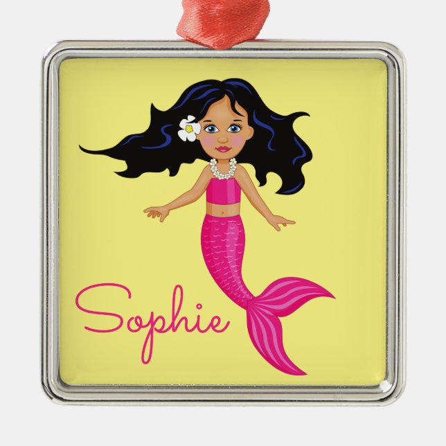 Ornement Carré Argenté Pink Mermaid fille art cadeau personnel (Devant)