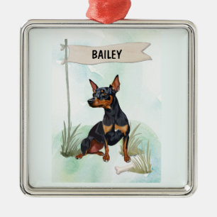 Ornement Carré Argenté Pinscher Nain Aquarelle Chien Personnalisé
