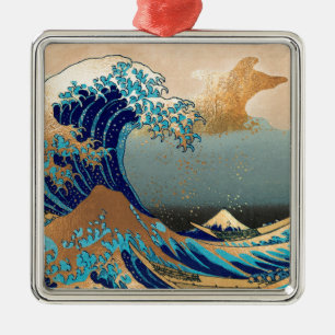 Ornement Carré Argenté PixDezines Vintage, grande vague, Hokusai 葛 飾 北 斎