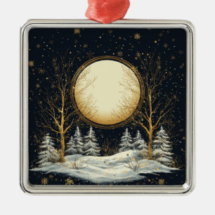 Ornement Carré Argenté Pleine lune de Noël Pine Arbres Neige