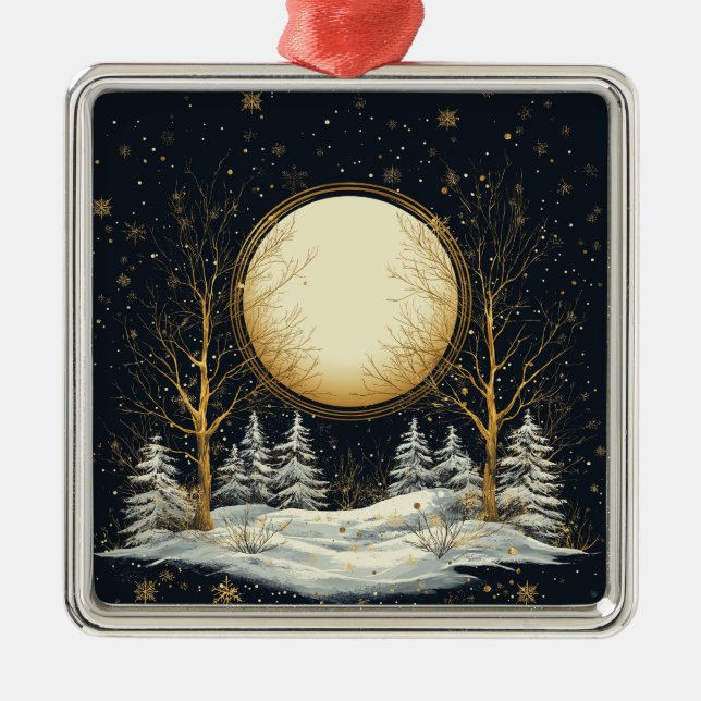 Ornement Carré Argenté Pleine lune de Noël Pine Arbres Neige (Devant)