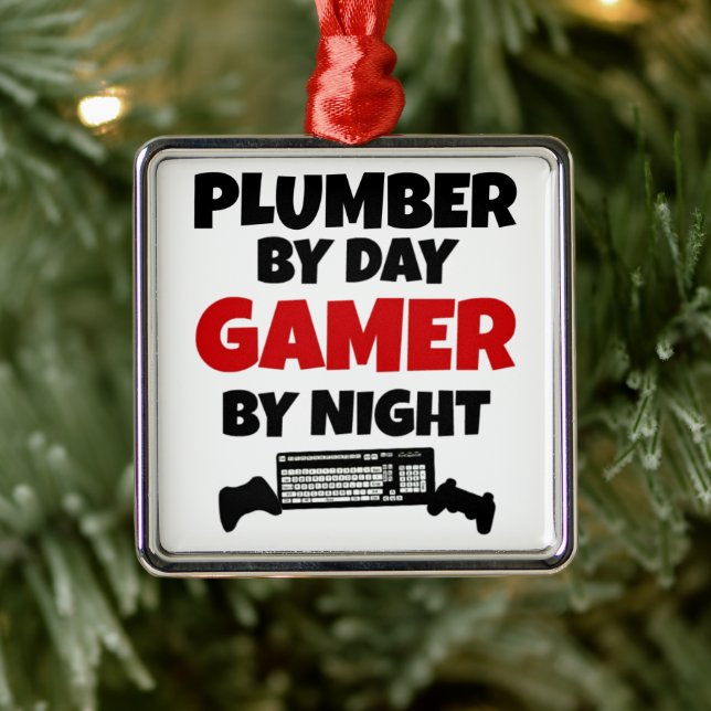 Ornement Carré Argenté Plumber aime jouer à des jeux vidéo (Arbre)