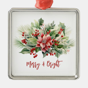 Ornement Carré Argenté Poinsettia Rouges Joyeux et Lumineux Noël
