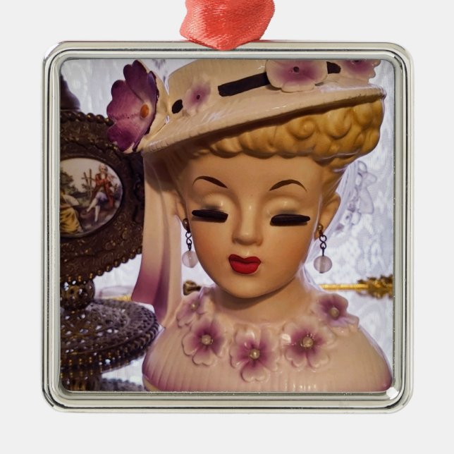 Ornement Carré Argenté Pomme Lady Head Vase Fleurs de parfum Bouteille (Devant)