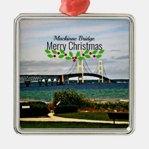 Ornement Carré Argenté Pont Mackinac, Joyeux Noël,