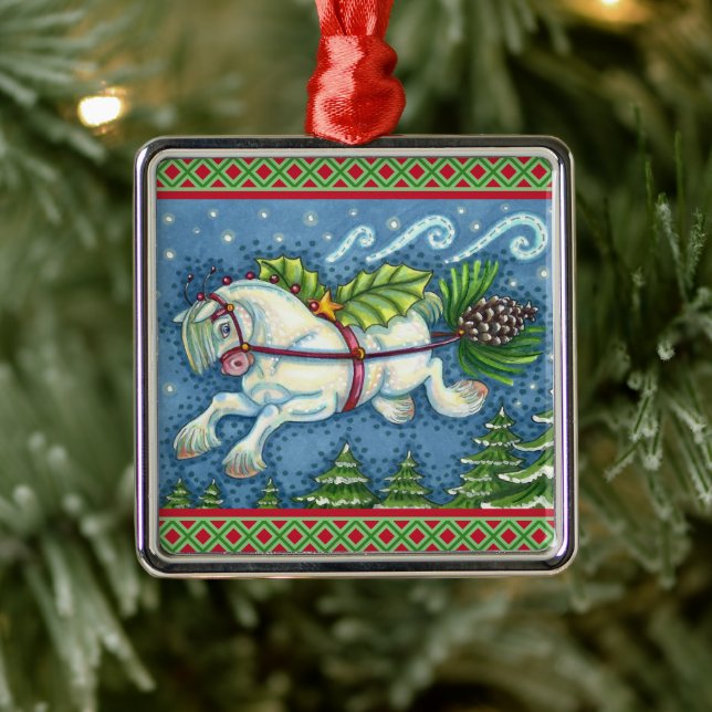 ORNEMENT CARRÉ ARGENTÉ PONY PULLING PINECONE SLEIGH DE NOËL VOLANT (Arbre)