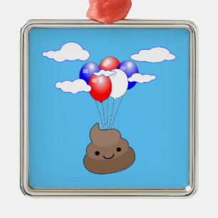 Ornement Carré Argenté Poo Emoji Voler Avec Des Ballons Dans Le Ciel Bleu