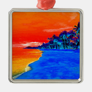 Ornement Carré Argenté Pop Art Plage Exotique Palmiers