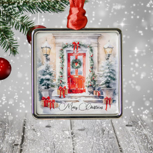 Ornement Carré Argenté Porte rouge de Noël élégante et personnalisée