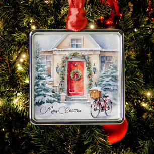 Ornement Carré Argenté Porte rouge personnalisée Maison de Noël
