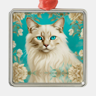 Ornement Carré Argenté Portrait d'art Lynx Bleu Point Siamois