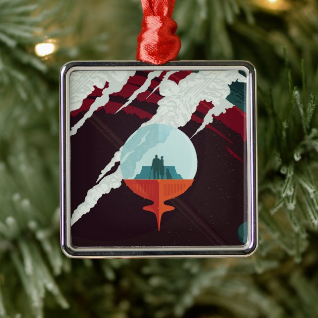 Ornement Carré Argenté Poster Espace Rétro Mission Cassini À Saturne (Arbre)