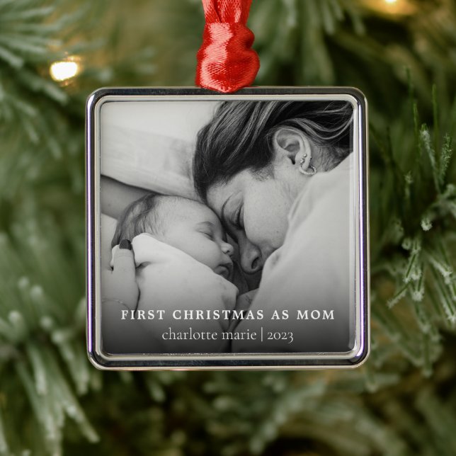 Ornement Carré Argenté Premier Noël Comme Maman Élégante Photo (Arbre)