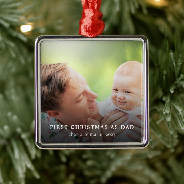 Ornement Carré Argenté Premier Noël Comme Papa Élégant Fête Photo (Arbre)