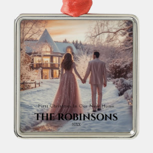 Ornement Carré Argenté Premier Noël dans notre nouvelle maison Photo hive