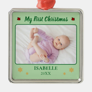 Ornement Carré Argenté Premier Noël de bébé personnalisé avec photo et no