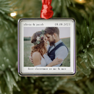 Ornement Carré Argenté Premier Noël en tant que Monsieur & Madame Mariage