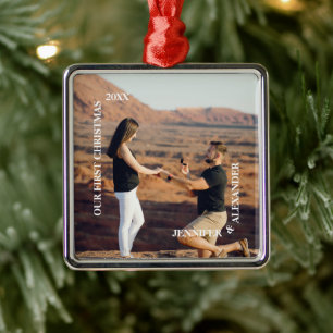 Ornement Carré Argenté Premier Noël M. et Mme Couple Photo