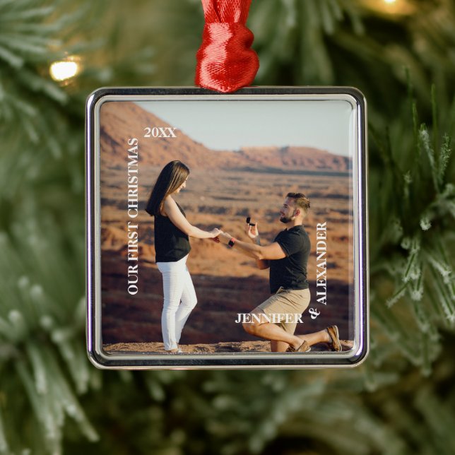 Ornement Carré Argenté Premier Noël M. et Mme Couple Photo (Arbre)
