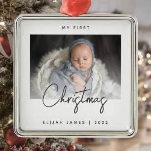 Ornement Carré Argenté Premier script gris de Noël pour bébé photo minime